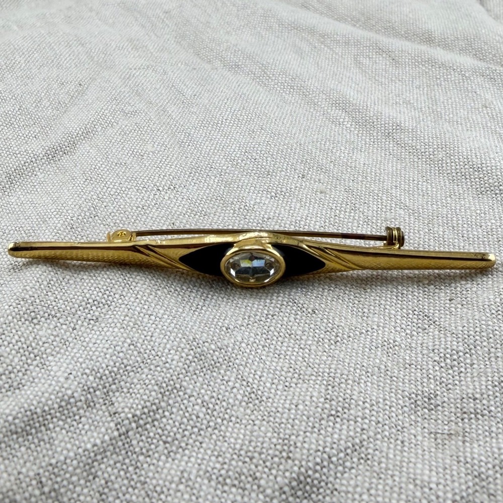 Vintage Gold Tone Bar Brooch with Clear Rhinestone | Minimalist Pin